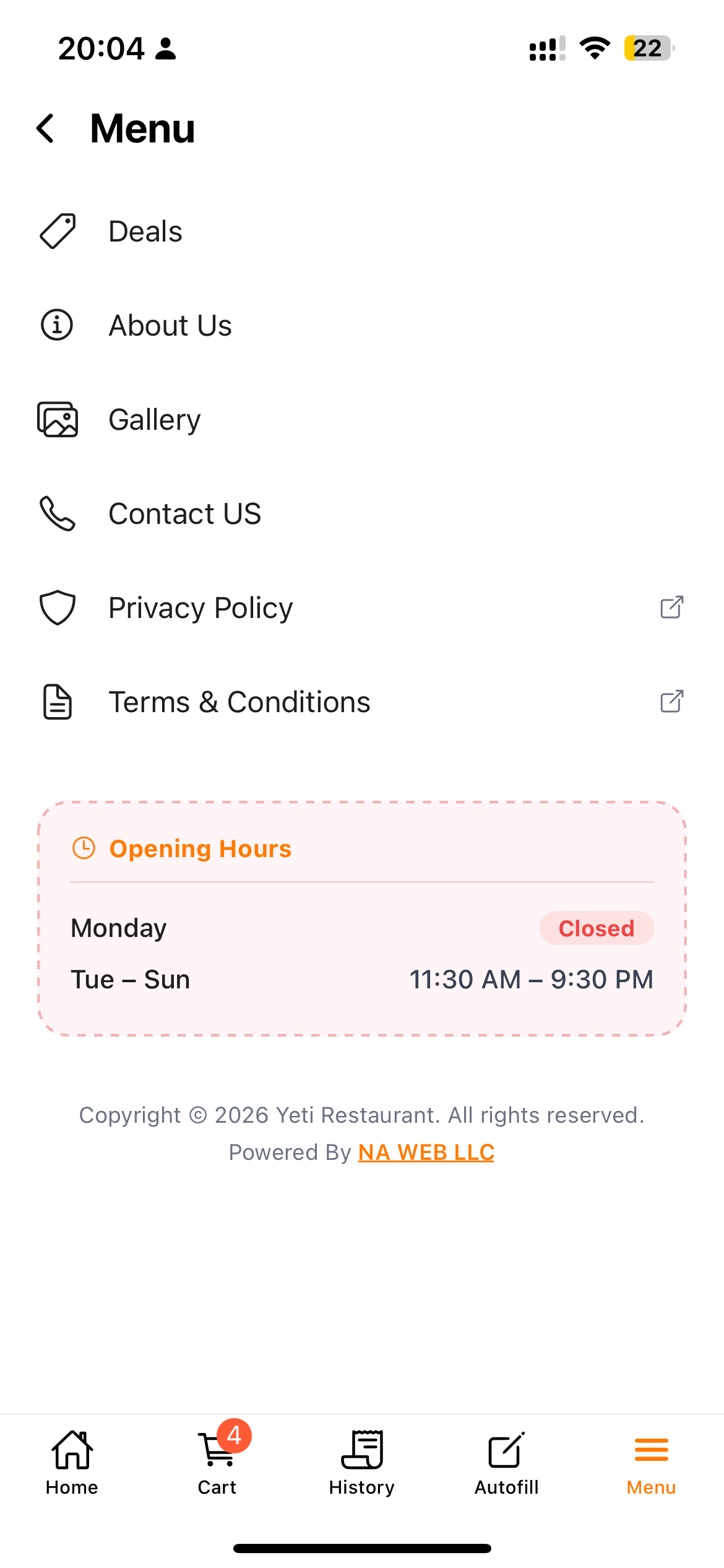 Yeti Restaurant Mobile App Menu Screen
