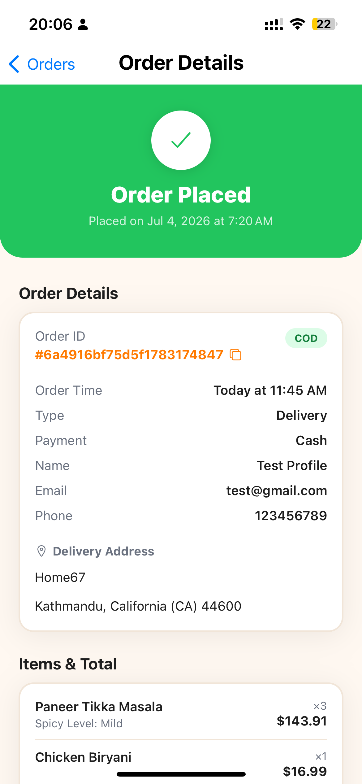 Live Order Detail & Receipt